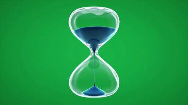 Yeşil arka planda mavi kumlu bir kum saati gösterilir. Kum tepeden tırnağa akıyor..