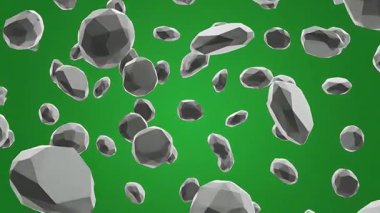 Üç boyutlu asteroitler canlı yeşil bir arkaplanda yüzüyorlar. Geometrik şekiller hareket halinde. Soyut, modern ve dinamik görseller.