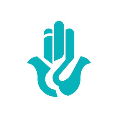 Düz beyaz bir arkaplanda izole edilmiş, deniz mavisi bir Hamsa el sembolünün modern, minimalist bir grafik çizimi. Bir koruma işareti..