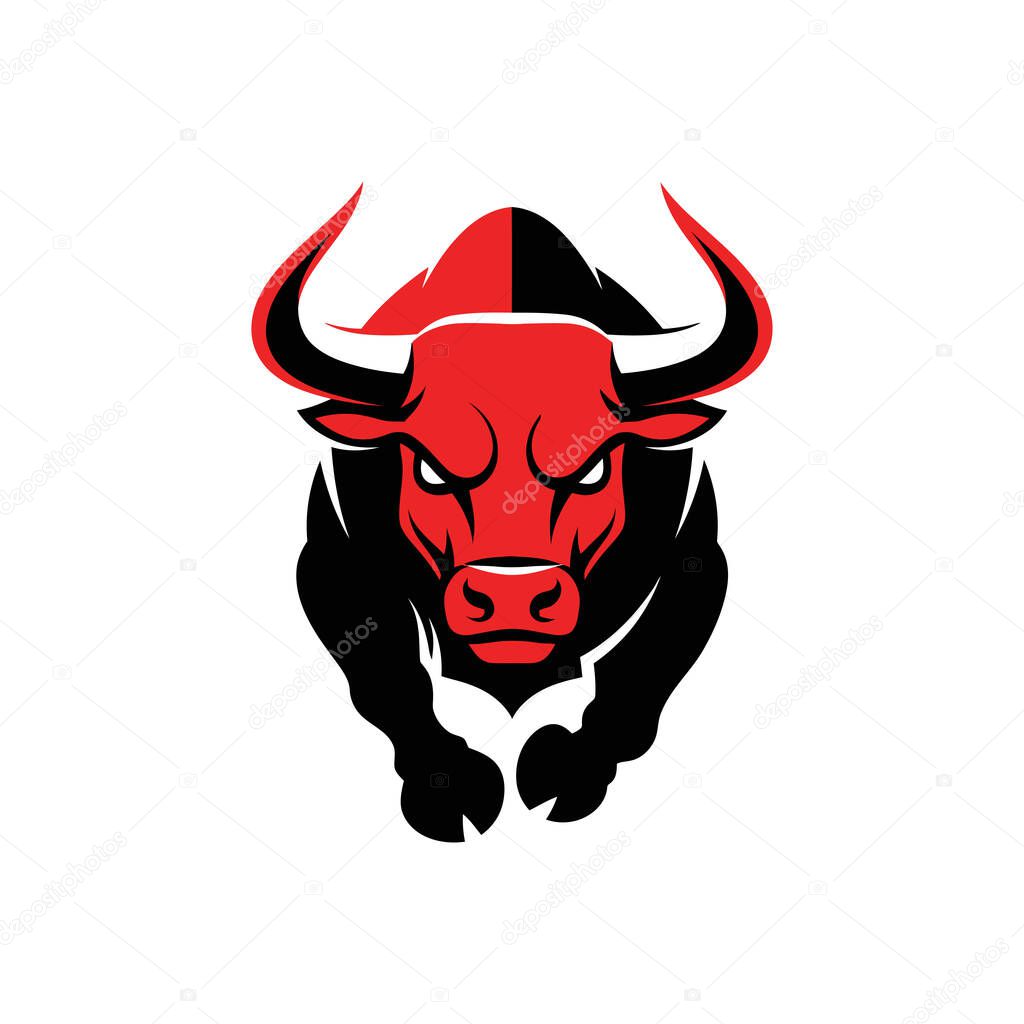 A powerful red and black bull with sharp horns charges forward aggressively, depicted in a stylized graphic.