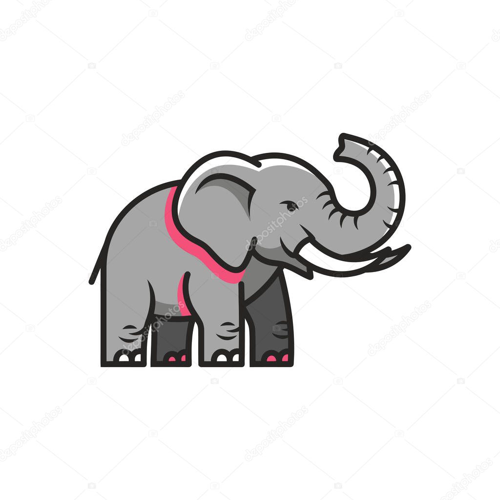 Illustration of a stylized grey elephant with a pink collar detail and uplifted trunk against a white background.