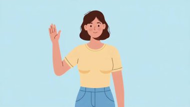 Kısa kahverengi saçlı ve sarı tişörtlü arkadaş canlısı bir kadın sağ eliyle selam veriyor, gülümsüyor..