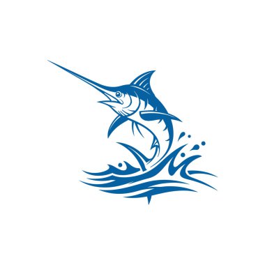 Bir stilize edilmiş mavi kılıçbalığı dinamik bir şekilde okyanus dalgalarından atlıyor..