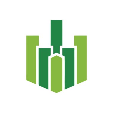 Yeşil bir şehir veya binaların modern soyut logosu. Gayrimenkul, inşaat, finans veya çevre dostu kentsel kalkınma sembolü. İzole vektör grafiği.