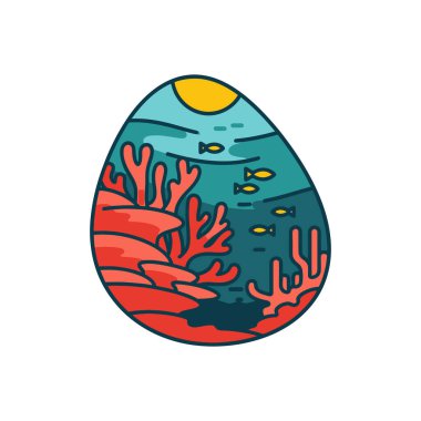 Balık, güneş ve okyanus dalgalarıyla dolu renkli bir mercan resifinin şekillendirilmiş hali. Hepsi de deniz yaşamını temsil eden bir yumurta şeklindeydi..