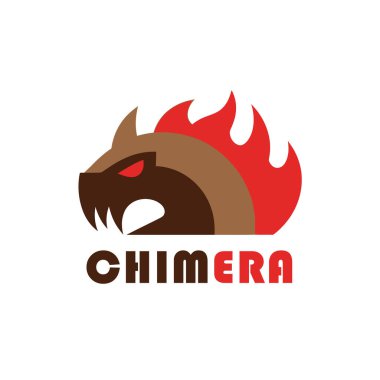 Vahşi bir Kimera canavar kafasının modern ve stilize bir logosu. Canavarın parlak kırmızı gözleri ve beyaz bir arka planda izole edilmiş alevli yelesi var..