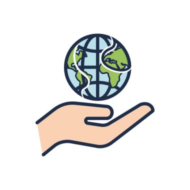 Dünya gezegenini tutan basit bir el simgesi. Çevre koruma, küresel bakım, sürdürülebilirlik ve korunma kavramı.