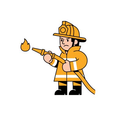 Sarı üniformalı ve kasklı bir itfaiyeci tasviri. Bu çizgi film karakteri ciddi bir ifadeyle yangın hortumunu tutuyor, yangını söndürmeye hazır.