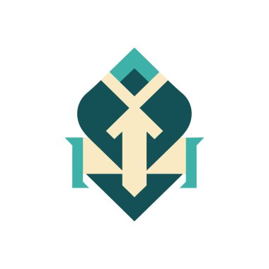 Soyut geometrik tasarım, stilize ok şekli, gök mavisi ve bej renkleri, simetrik desen