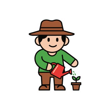 Küçük bir bitkiyi saksıda sulayan birinin karikatür çizimi. Kişi bir şapka, yeşil bir gömlek, kahverengi pantolon ve kahverengi çizme giyiyor. Kişi gülümsüyor ve elinde kırmızı bir su kovası tutuyor..