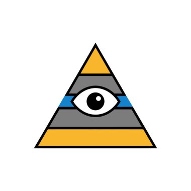 Yatay bölümlere bölünmüş bir üçgenin biçimlendirilmiş bir çizimi, merkezde bir göz, sembolik ve görsel olarak çarpıcı bir tasarım yaratıyor..