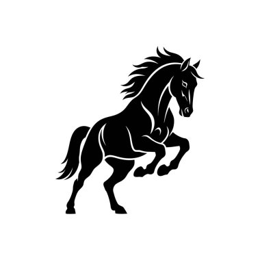 Siyah bir siluet, yelesi akarken arka ayaklarının üzerinde yükselen bir atın..