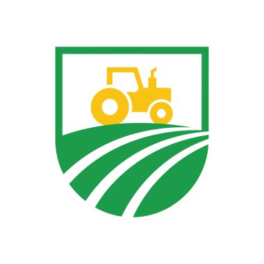 Yeşil bir çerçeveye sarılı sarı bir traktörün bulunduğu canlı bir logo, tarımı ve tarımı sembolize ediyor..