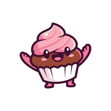 Pembe şekerli şirin bir çizgi film keki, kahverengi bir pasta tabanı, ve beyaz bir kağıt kaplama, kollarını açmış ve neşeli bir ifadeyle ayakta duruyor..