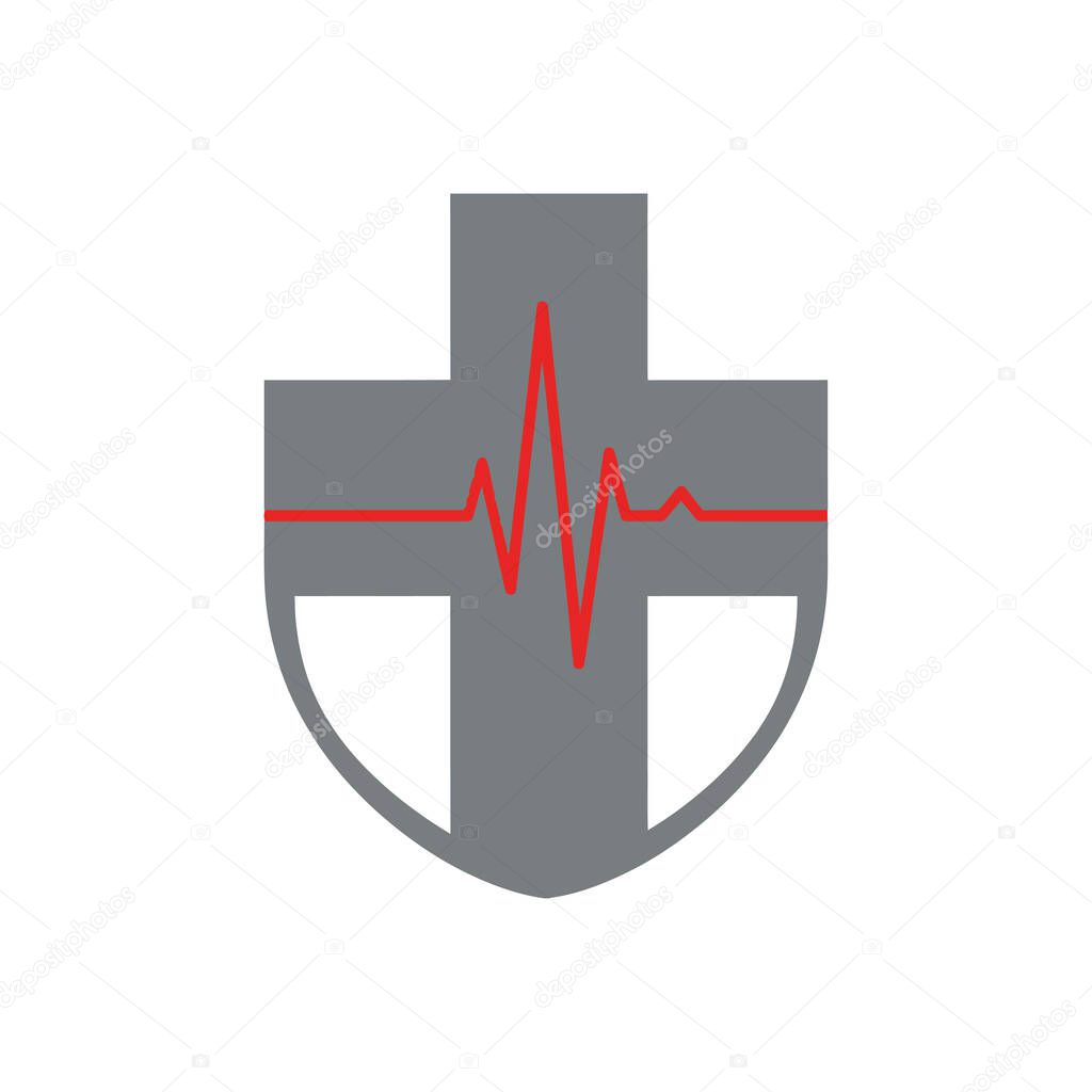 A flat vector icon of a grey medical cross shaped like a shield with a red electrocardiogram line representing a heartbeat or pulse.
