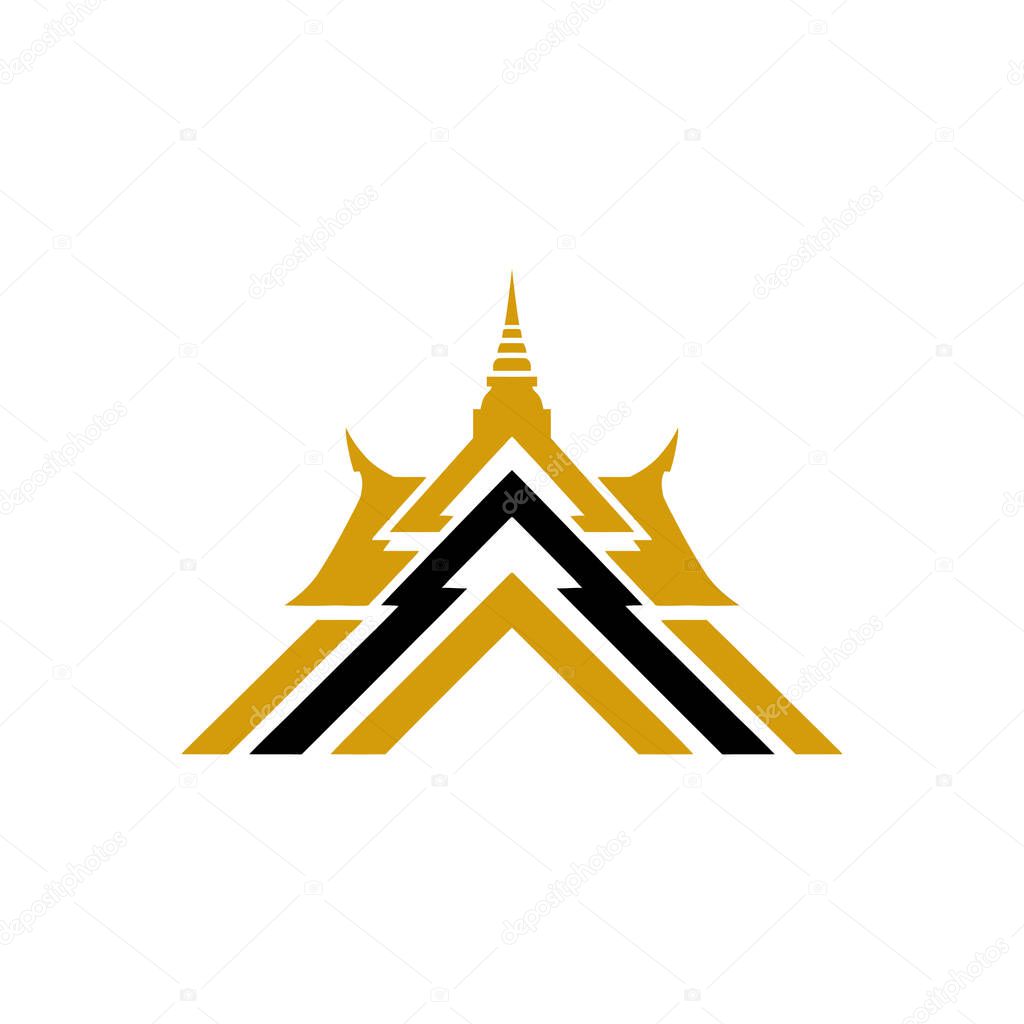 Stylized illustration of a Thai temple, geometric design, gold and black color scheme, architectural emblem
