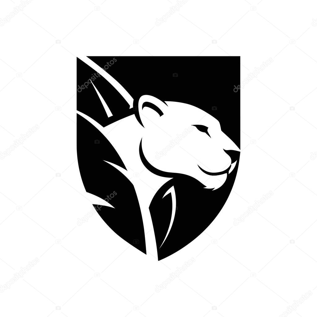 White panther head profile inside a black shield, elegant and strong design