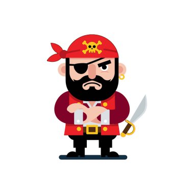 Siyah sakallı, kafatası ve çapraz kemikli kırmızı bandana, göz bandı ve beyaz arka planda izole edilmiş bir kılıç..