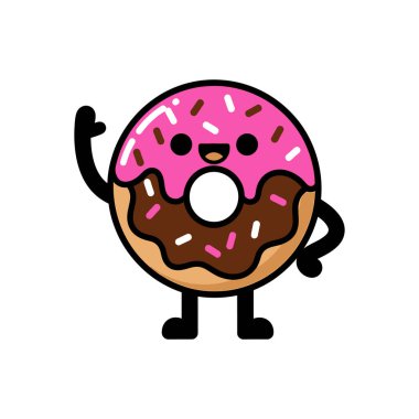 Pembe şekerli, çikolatalı ve serpiştirilmiş neşeli bir çörek karakteri. Mutlu bir yüzü var ve elini sallıyor..