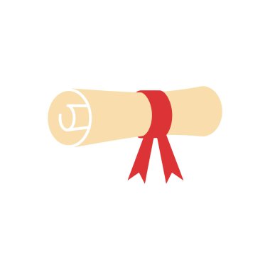 Akademik başarıyı ve başarıyı simgeleyen canlı kırmızı kurdeleyle bağlanmış yuvarlanmış bir parşömen veya diplomanın basit bir düz vektör çizimi.