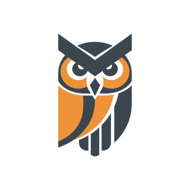 Geometrik tasarımı olan, turuncu ve gri tonların karışımından oluşan, modern ve göz alıcı bir logo veya simge oluşturan baykuş çizimi.