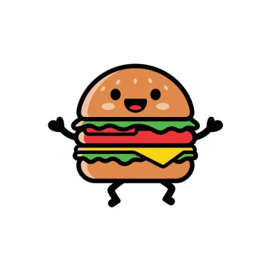 Gülen yüzlü, pembe yanaklı ve kollarını uzatmış neşeli bir hamburger maskotu. Bu tatlı fast food karakteri susamlı çörek, marul, domates ve peynirli..
