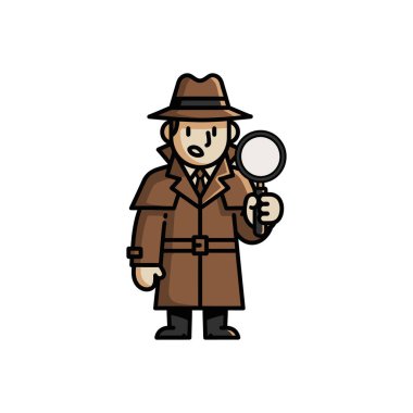 Trençkotlu ve fötr şapkalı bir çizgi film dedektifi elinde büyüteçle dikkatle bakıyor..