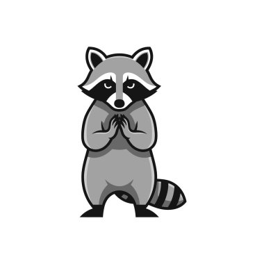 Beyaz arka planda ön pençeleri birbirine kenetlenmiş duran sevimli bir rakun karakterinin basit vektör çizimi.