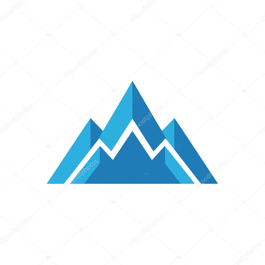 A stylized graphic of three blue mountain peaks with white highlights, representing a mountain range.
