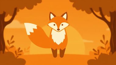 Sevimli bir tilki, turuncu ağaçlar ve düşen yapraklarla çevrili, stilize olmuş bir sonbahar ormanında duruyor. Sıcak ve davetkar bir manzara yaratıyor..