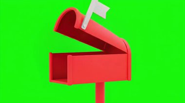 Parlak yeşil ekran karşısında duran, çeşitli dijital ve iletişim temalı projeler için ideal, canlı kırmızı bir posta kutusu..