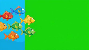 Mavi ve yeşil arka planda sağa doğru yüzen renkli bir balık sürüsü..