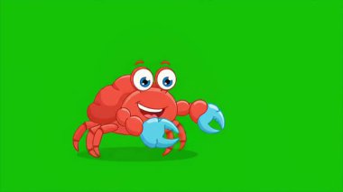 Neşeli bir yengeç karakteri pençelerini yeşil ekran arkaplanında sallıyor, çocuk animasyonları ve eğitim içeriği için mükemmel..