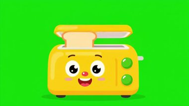 Canlı yeşil bir zemin üzerine kurulmuş, içinden ekmek dilimleri çıkan sevimli bir çizgi film tost makinesi..