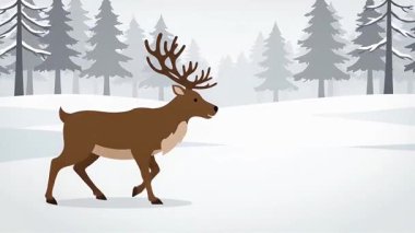 Büyük boynuzları olan güzel bir ren geyiği, sakin bir kış sahnesinde uzun çam ağaçlarıyla çevrili karla kaplı bir ormanda zarifçe yürür..