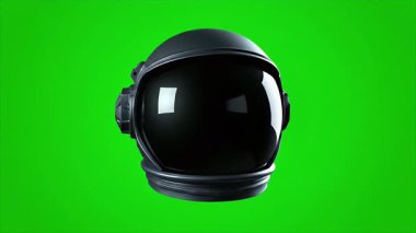 Parlak yeşil ekrana karşı parlak bir astronot kaskı, uzay keşfi ve teknoloji temalı projeler için mükemmel. Yaratıcı içerik için yüksek kaliteli görsel.