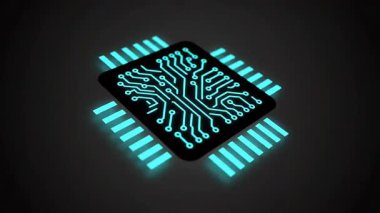 Gelişmiş teknolojiyi temsil eden koyu bir arka planda parlayan Cyan devre yolları olan fütüristik bir merkezi işleme ünitesinin 3 boyutlu görüntülemesi.