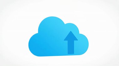 Yükselen ok, veri yüklemesini, bulut depolamasını ve dijital bilgi transferini sembolize eden canlı bir mavi bulut simgesi.