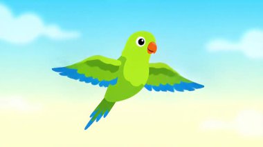 Canlı yeşil bir papağan zarif bir şekilde bulutlu mavi gökyüzüne doğru uçuyor..