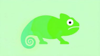 Şirin bir bukalemun karakterinin basit bir düz tasarım animasyonu cilt rengini yeşilden maviye ve turuncuya çeviriyor. Açık yeşil bir arkaplanda kusursuz bir döngü.