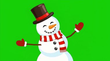 Kırmızı ve beyaz çizgili eşarp ve kırmızı eldivenler giyen neşeli bir kardan adam canlı yeşil ekran arka planına karşı duruyor..