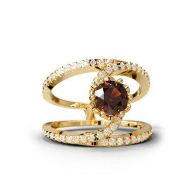 Koyu kırmızı yakutlu parlak sarı haleli asfalt halkası, zengin, lüks cazibesini klasik cazibesiyle arttırıyor..