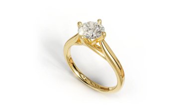 Klasik sarı altın solitaire yüzük, dört uçlu bir ortamda parlak bir elmas, sıcaklık ve karmaşıklık yayıyor. Ebedi zarafeti sevenler için ideal..