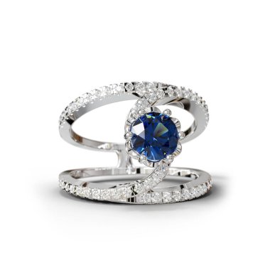 Parlak aksanlı elmaslarla tamamlanmış koyu mavi safir taşlı zarif beyaz halo asfalt halkası. Muhteşem ve lüks bir görünüş için..