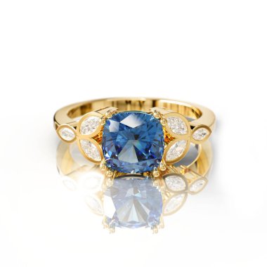 Görkemli sarı altın solitaire yüzük, canlı mavi safir, klasik dört aşamalı bir şekilde tasarlanmış. Cesur mücevherleri sevenler için zamansız bir seçim..