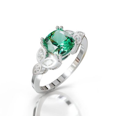 Zengin yeşil zümrüdü olan zarif, beyaz altın bir solitaire yüzük, sofistike bir görünüm için zarif bir şekilde dört perdelik bir ayara ayarlanmış. Lüks ve doğanın sembolü..