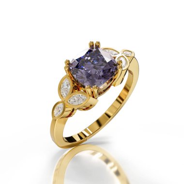 Mor ametist kraliyet alfabesiyle süslenmiş sarı iskambil yüzüğü, dört aşamalı bir dizaynla zarafet ve gizem getiriyor..