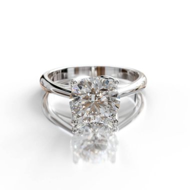 Parlak kesimli pırlantalı, zarif, beyaz altın bir solitaire yüzük. Klasik dört aşamalı, zamansız güzellik için ayarlanmış. Nişanlar ve lüks mücevher koleksiyonları için mükemmel..