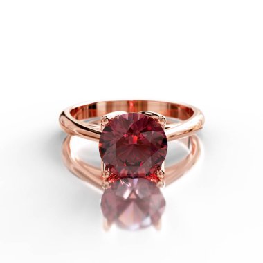 Koyu kırmızı yakutlu, zarif gül sarısı solitaire yüzük, rafine edilmiş dört uçlu tasarım. Romantik ve klasik bir başyapıt..