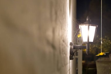 Duvara asılmış, geceleri aydınlatılmış eski bir fener. Fenerin yanında bir örümcek ağı görülebiliyor ve gizem katıyor. Arka plan hafifçe bulanık, fenere odaklanmayı arttırıyor..